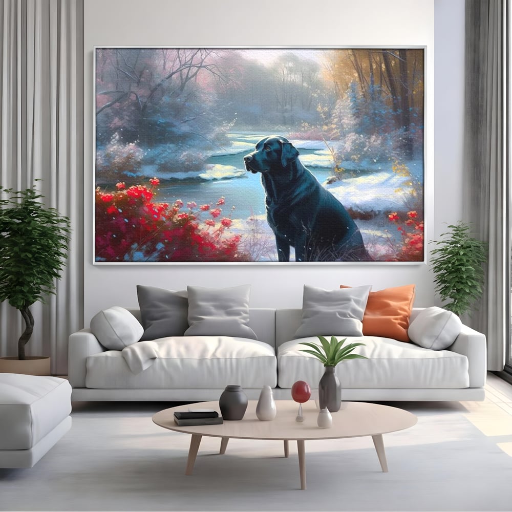 Tablou canvas cu tablou canvas cu labrador negru pe malul unui lac inzapezit, in rama de aluminiu argintiu, pe perete intr-un living